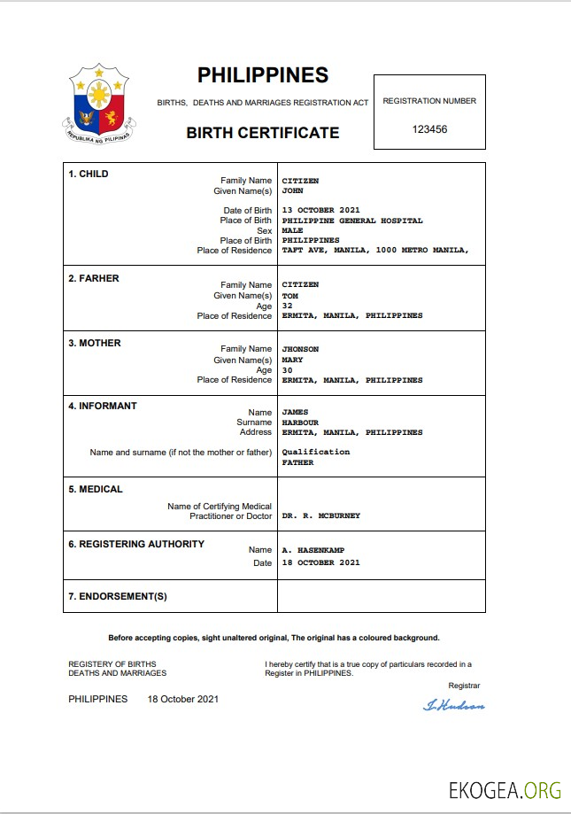 Modèle Word et PDF d'acte de naissance d'acte d'état civil des Philippines